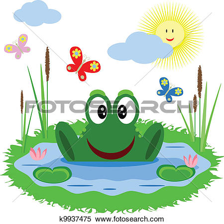 Clipart of A turtle and a frog at the pond with a rainbow in the.