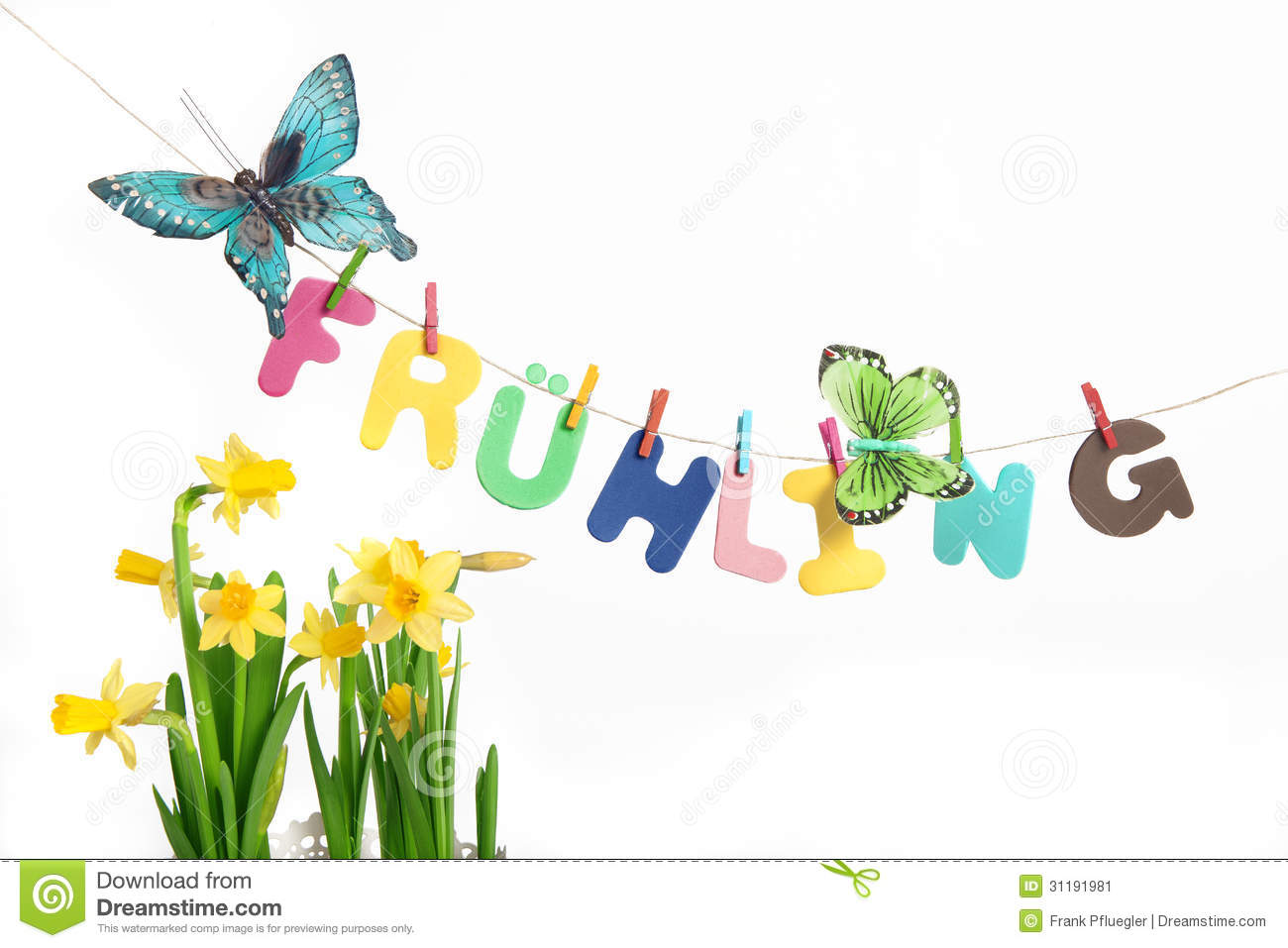 Letters Saying Spring With Butterflies Next To Daffodil Stock. Letters Saying Spring With Butterflies Next To Daffodil Stock.