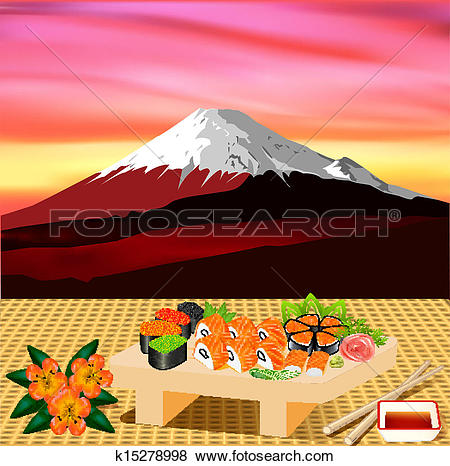Clip Art of of sushi rolls with greenery on the background of.