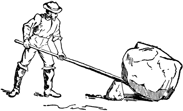 Man Using Lever and Fulcrum to Lift Rock.