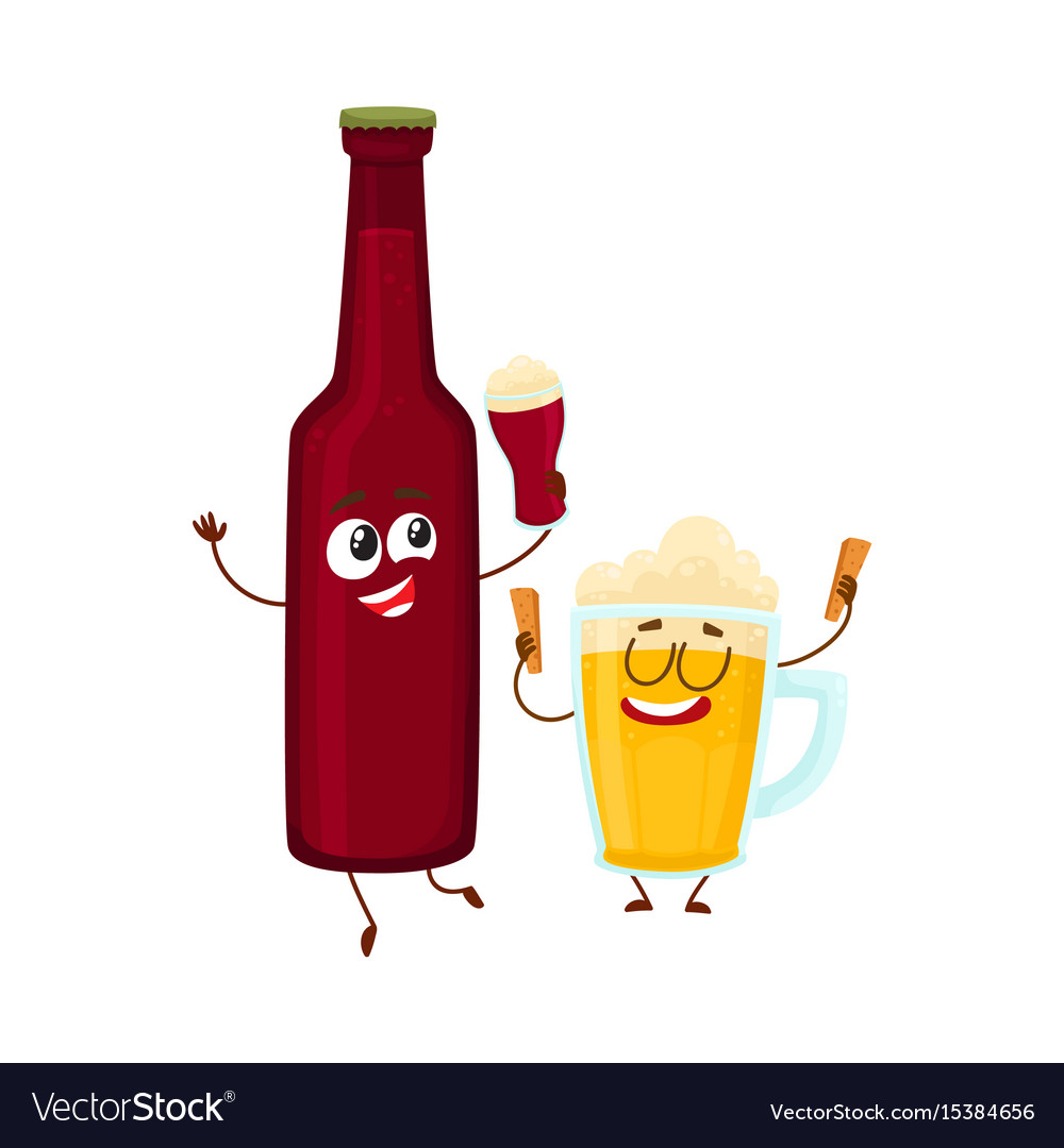 Funny beer bottle and glass characters having fun.