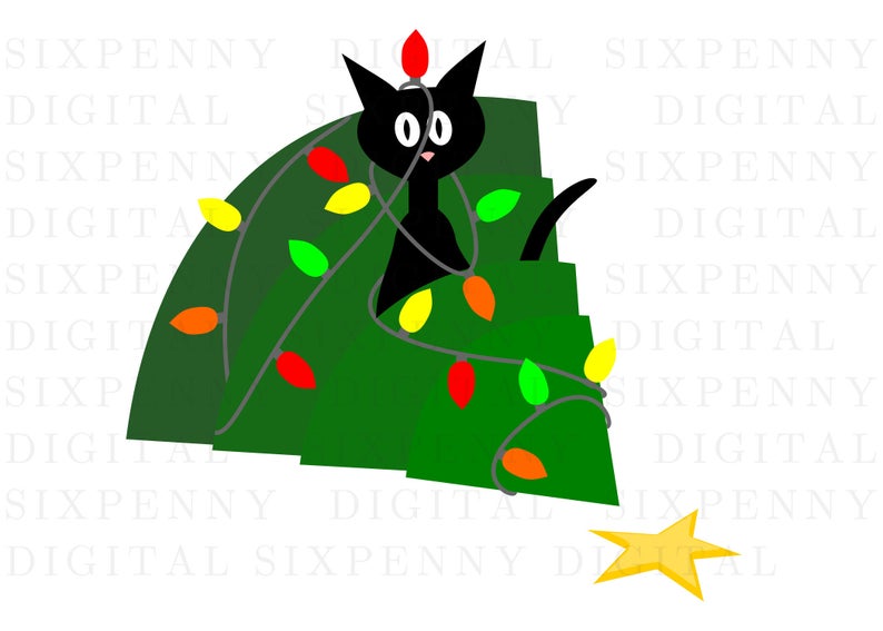 Black cat funny christmas card, cat in tree holiday card, mischievous  kitty, holiday card clipart, funny christmas clipart.