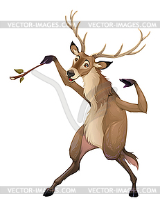 Funny deer is playing with branch like conductor.