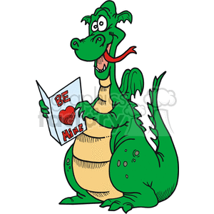 Funny cartoon green dragon reading a valentines card clipart. Royalty.