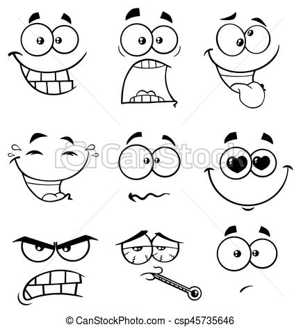 Black And White Cartoon Funny Face With Expression 2. Collection Set.