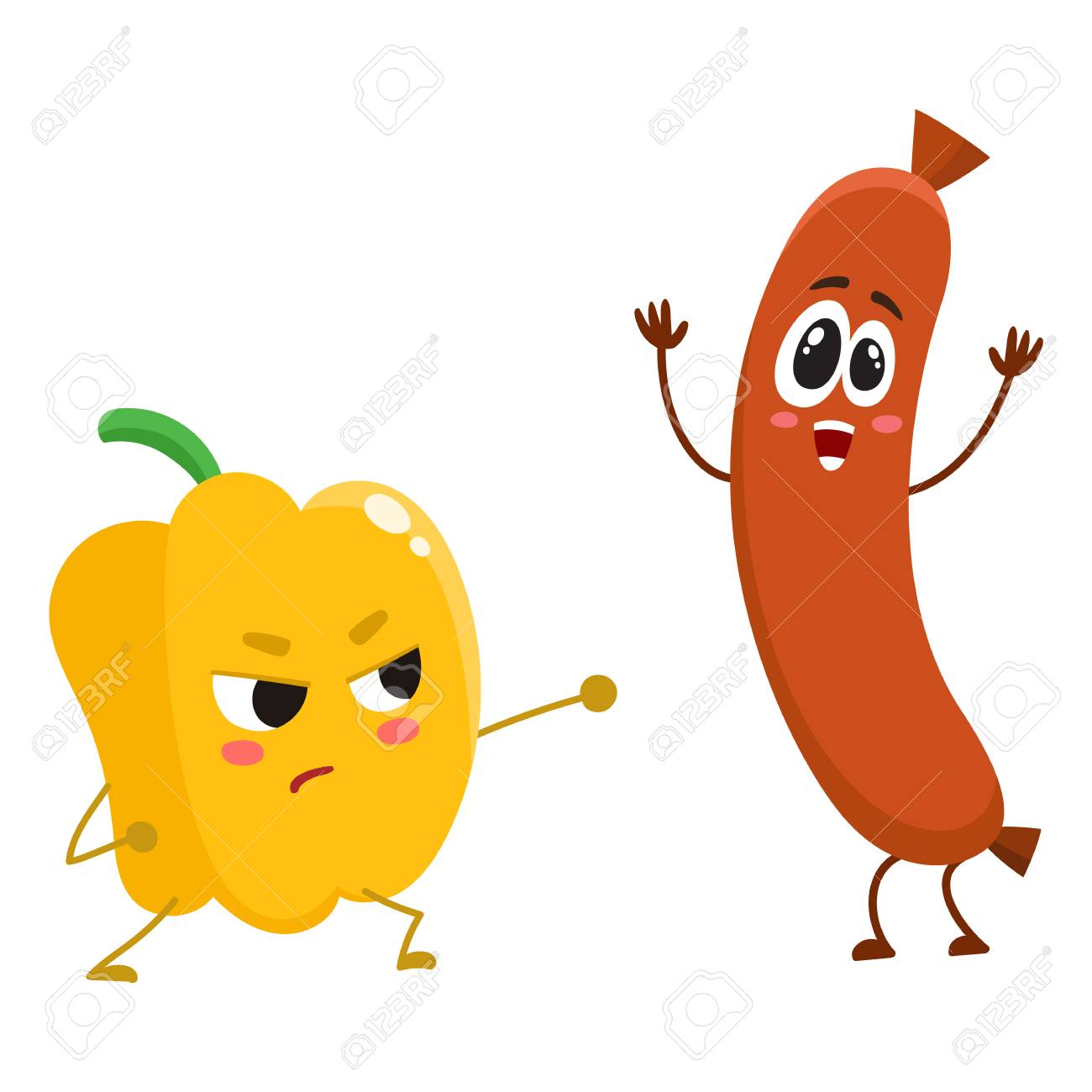Funny food characters, pepper versus sausage, healthy lifestyle...
