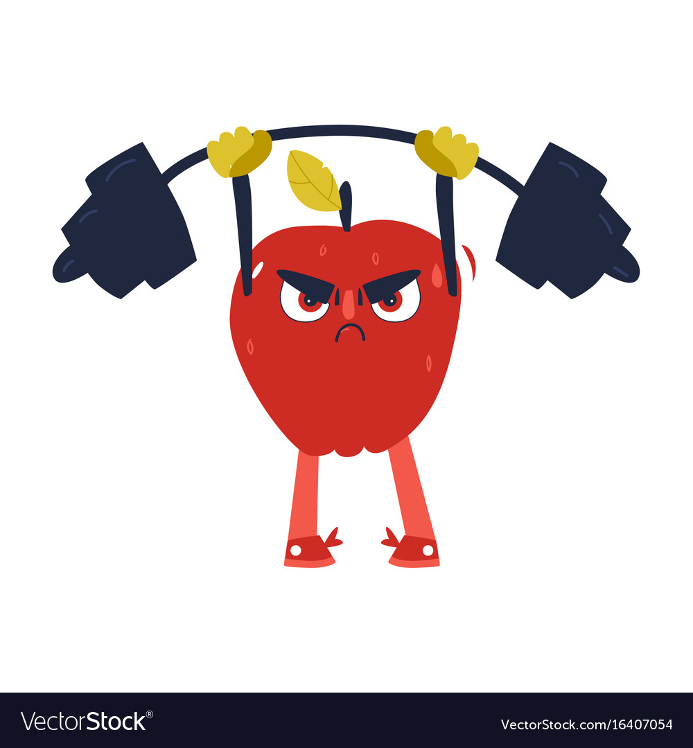 Funny apple working out in gym lifting barbell.