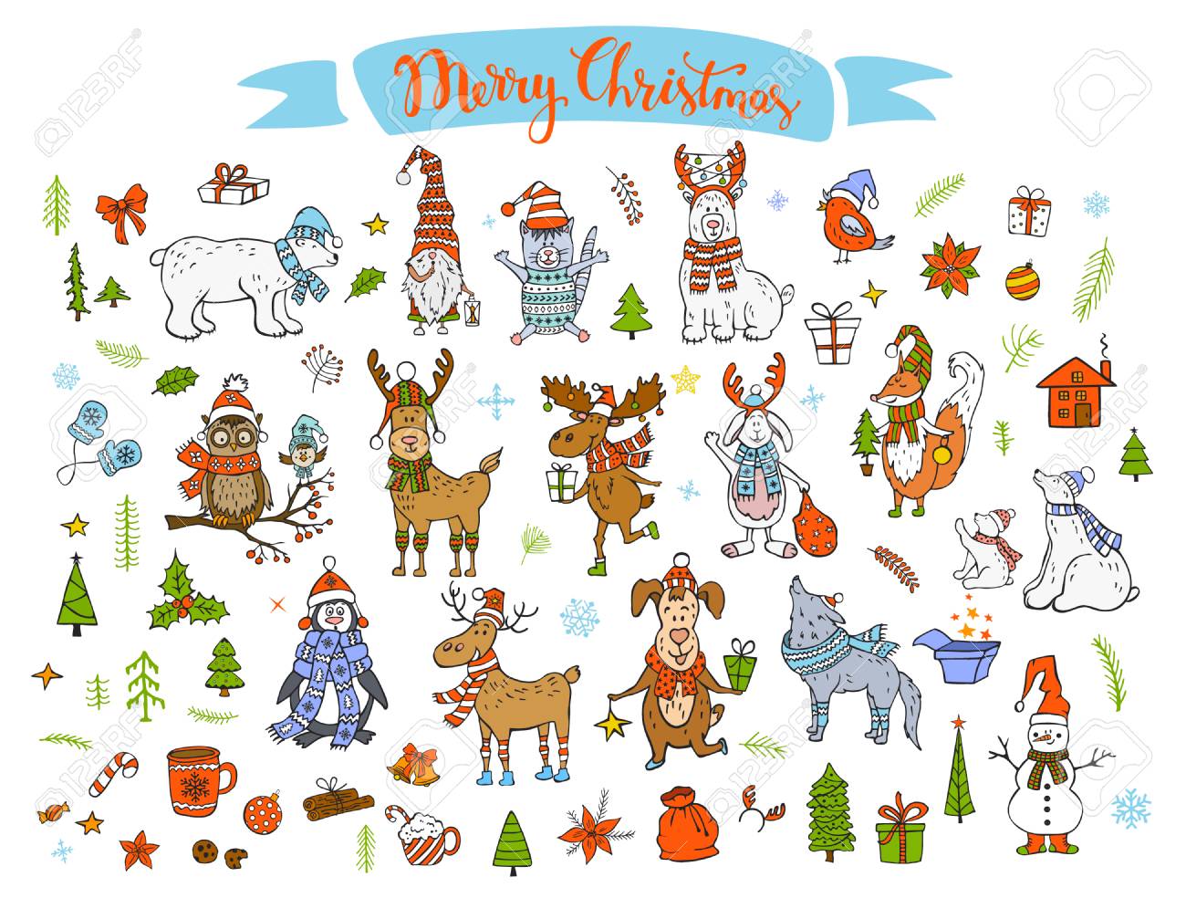 Merry christmas happy new year winter cartoon cute funny animals...