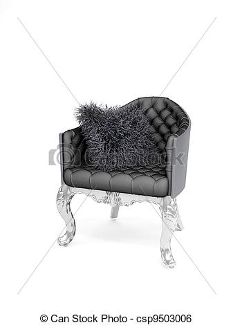 Stock Illustration of Leather black armchair with furry cushions.