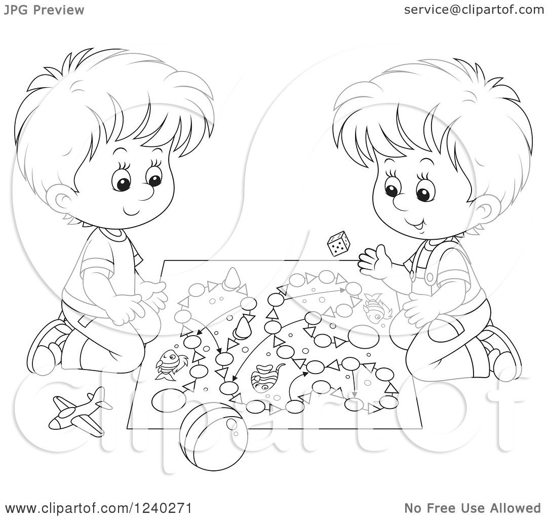 Clipart of Black and White Boys Playing a Board Game.