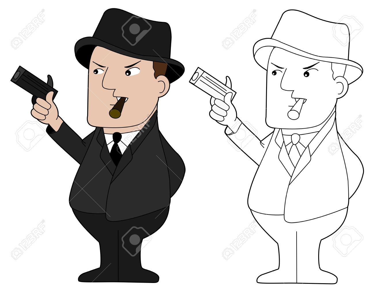 Gangster Holding Gun And Smoking Cigar, Illustration, Clip.