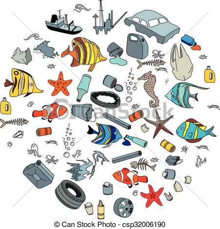 Vector Clip Art of Water pollution in the ocean. Garbage and waste.