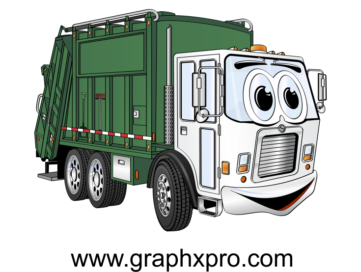 Green White Garbage Truck Cartoon.