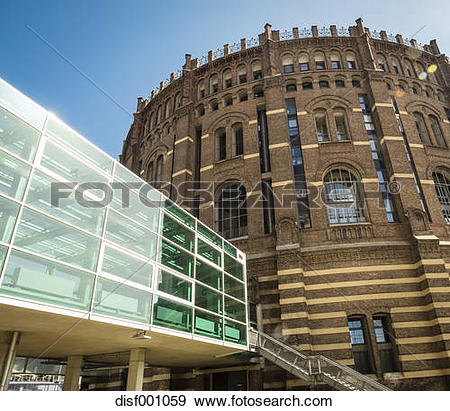 Stock Photograph of Austria, Vienna, view to gasometer and modern.