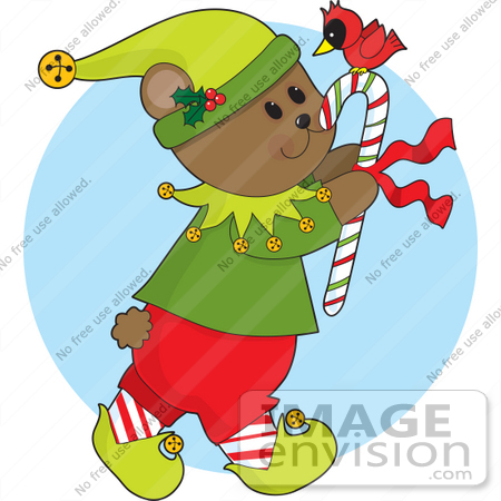 Christmas Clipart Of A Gentle Bear Elf Carrying A Red Cardinal.