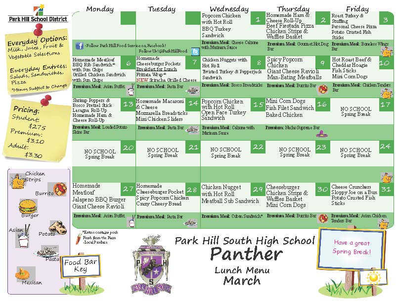 Park Hill South Lunch Menu.