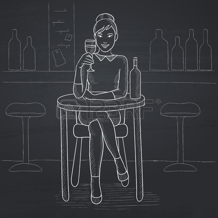 Una Donna Seduta Al Bar E Bere Vino. Disegno A Mano Con Il Gesso.