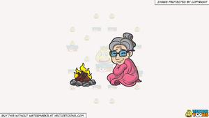 Clipart: An Old Woman Getting Comfy Beside The Campfire on a Solid White  Smoke F7F4F3 Background.