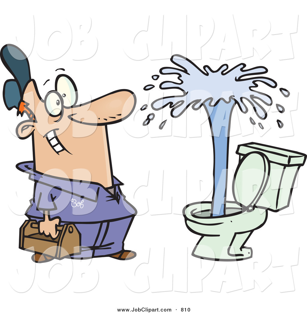 Job Clip Art of a Happy Male Plumber Viewing a Geyser Bursting.