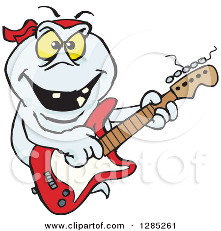Clipart of a Cartoon Happy Ghost Playing an Acoustic Guitar.