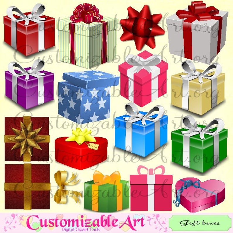 Gift Box Clipart Digital Gift Boxes Clip Art Gift Wrap Silver Ribbon Bow  Red Green Gold Golden Present Clipart Heart Gift Box Images Graphic.