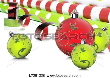 Pictures of Rolls of gift wrapping paper and ribbon with red and.