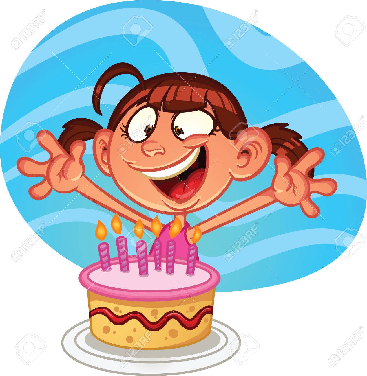 Cartoon girl with birthday cake Vector clip art illustration...