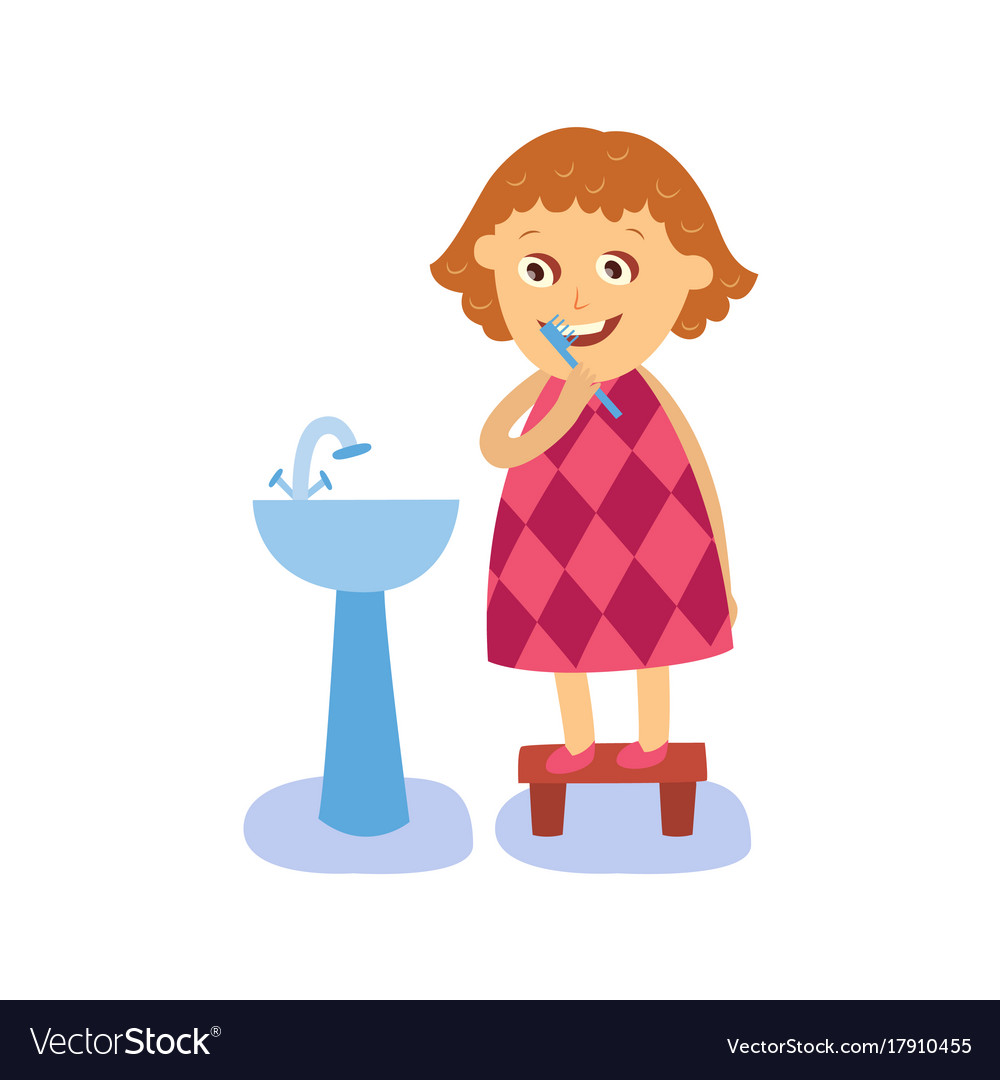 Flat girl brushing teeth at washbasin.