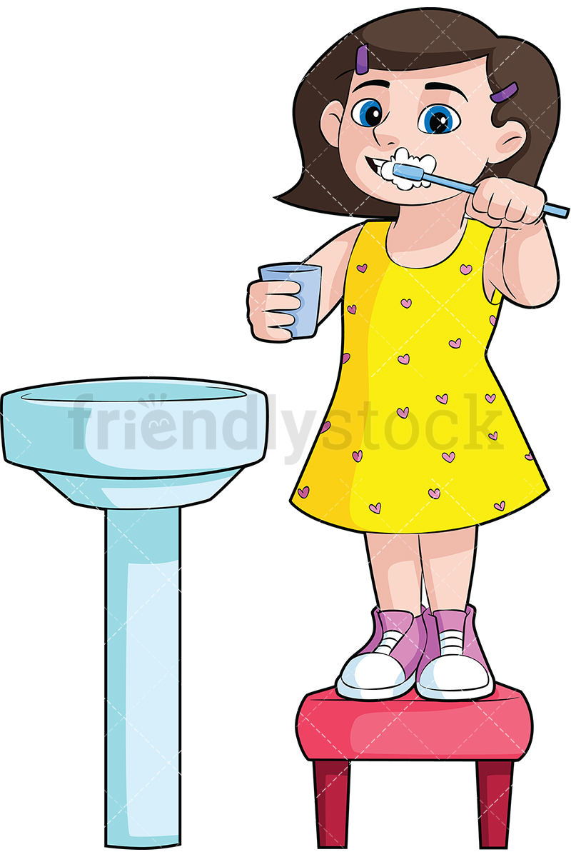 Little Girl Brushing Her Teeth In The Sink.