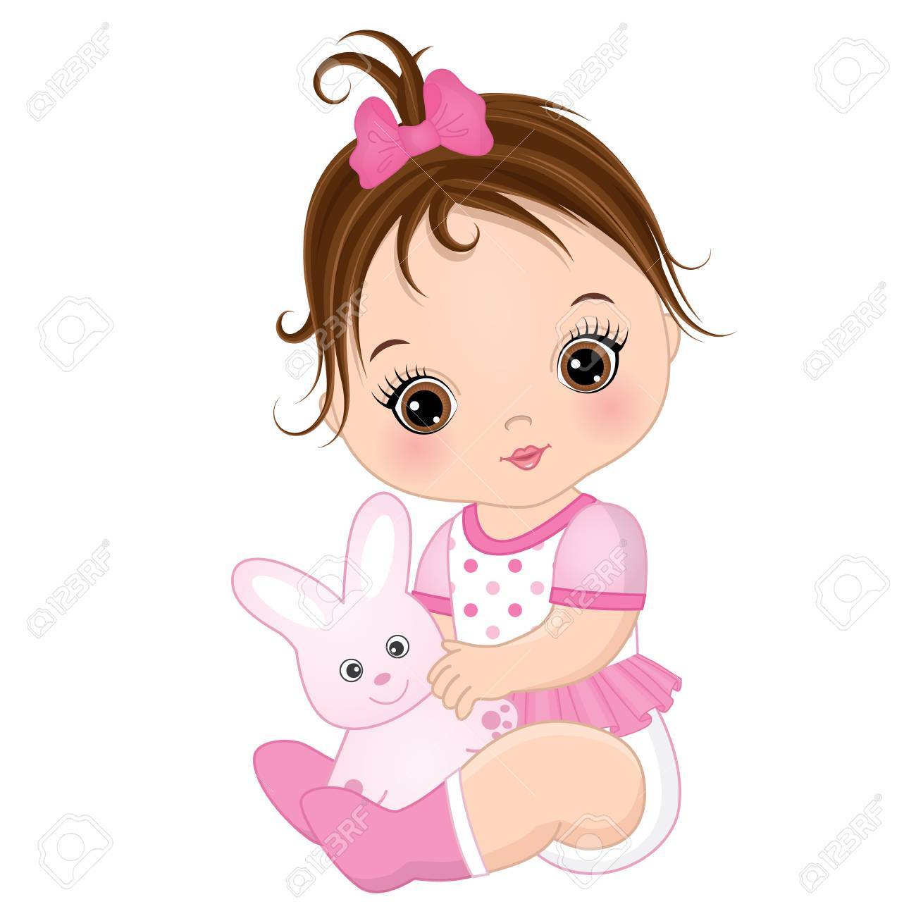 Vector cute baby girl with toy bunny. Vector baby girl. Baby...