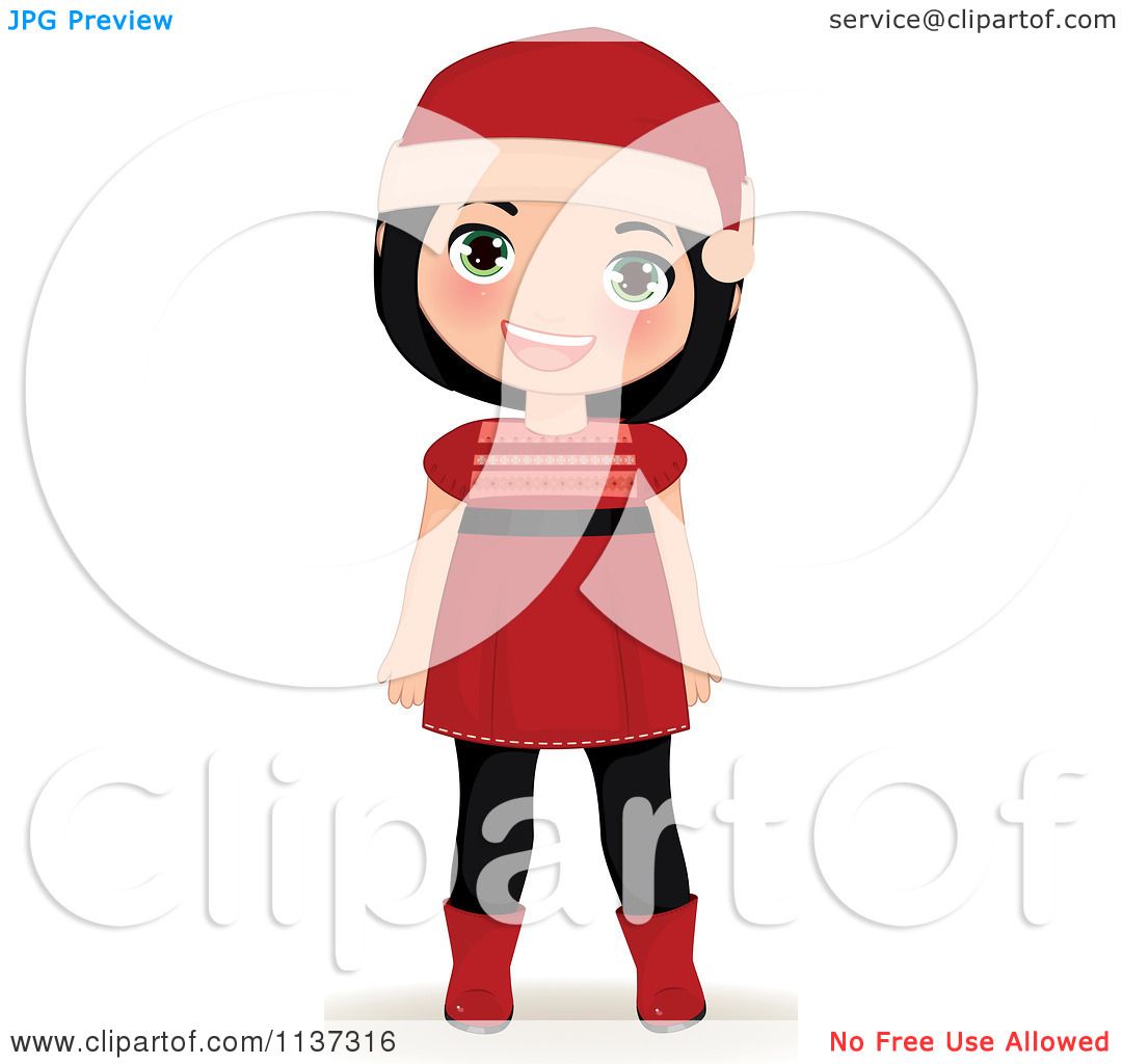 Cartoon Of A Smiling Christmas Girl In A Red Dress Boots And Santa.