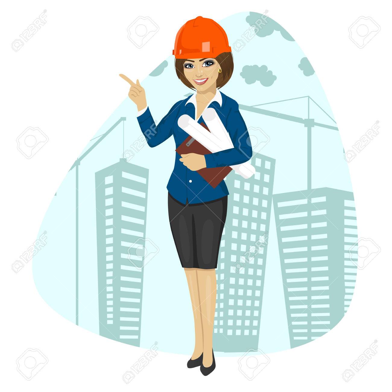 woman construction worker wearing hard hat holding blueprints...