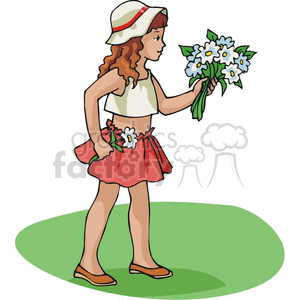 Cartoon girl holding a bouquet of flowers clipart. Royalty.