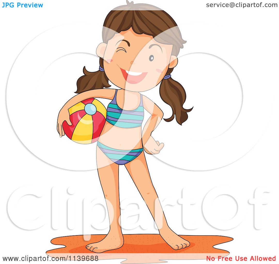 Cartoon Of A Brunette Girl In A Bikini Winking And Standing With A.