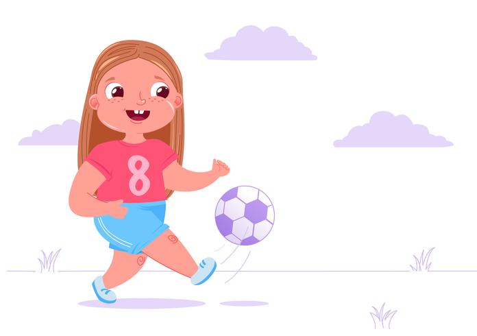 Girl kicking soccer ball outside.