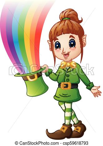 Cartoon girl Leprechaun holding hat with magic rainbow.