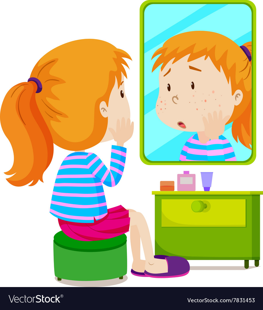 Girl with measels looking at mirror.