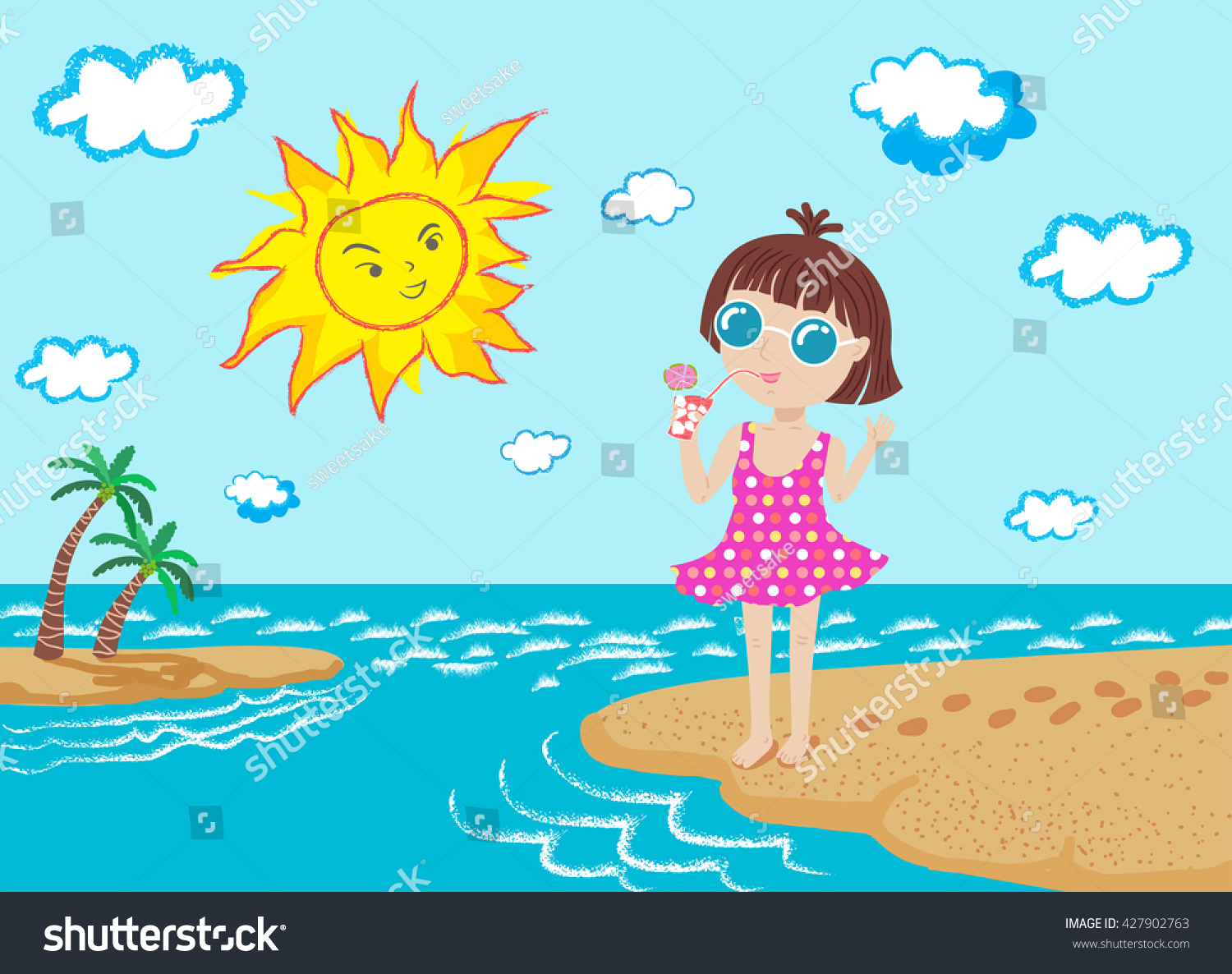 Happy Girl Sun On Beach Vector Stock Vector (Royalty Free) 427902763.