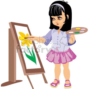 A Little Girl with a Paint Palette and a Brush Painting a Flower clipart.  Royalty.