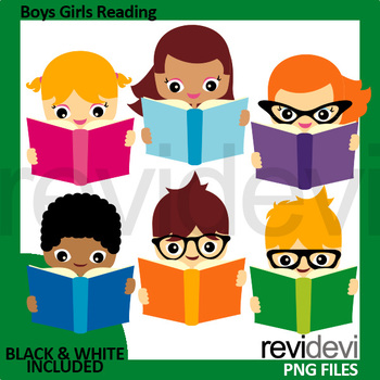 Boys Girls Reading a Book Clipart.
