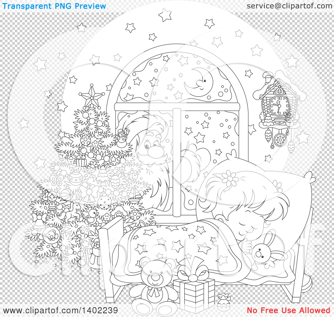 Clipart of a Black and White Lineart Santa Clause Outside of a.