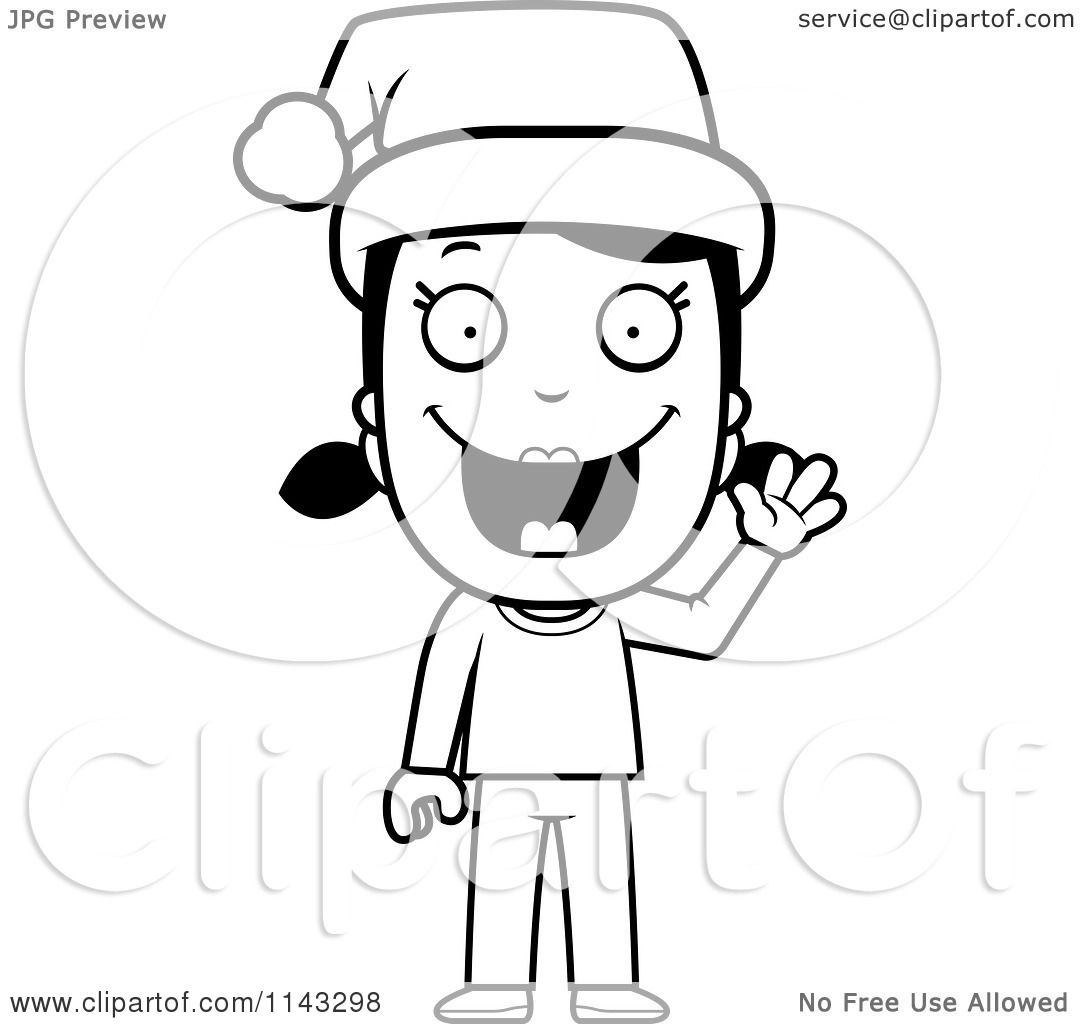 Cartoon Clipart Of A Black And White Christmas Girl Waving And.