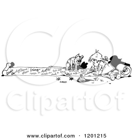 Clipart of a Vintage Black and White Dog and Girl Writing a Letter.