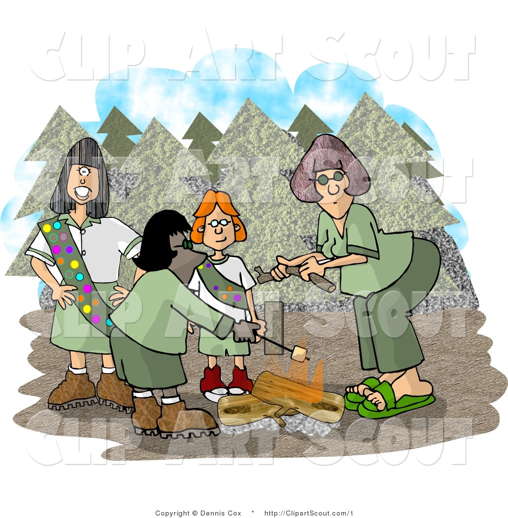 Clipart of Group of Girl Scouts Beside Campfire in the.