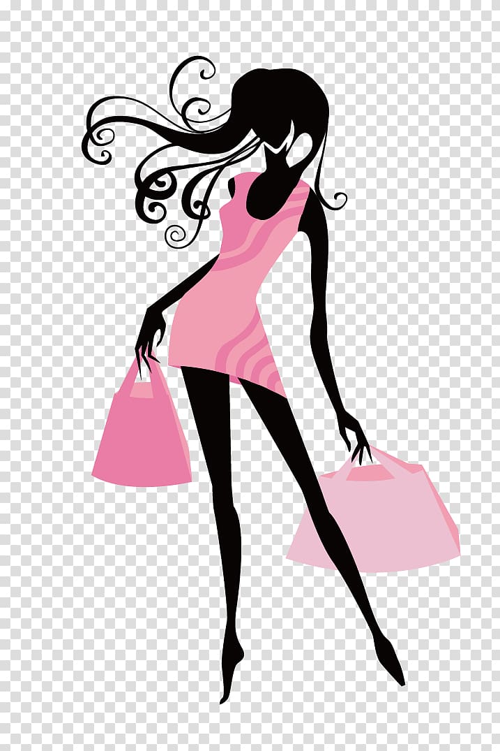 Fashion Girl , Shopping Girl, woman holding two bags illustration.