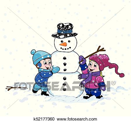 Boy and Girl make a Snowman Clipart.