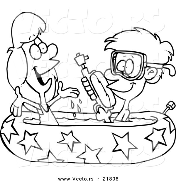 Vector of a Cartoon Boy and Girl Playing in a Kiddie Pool.