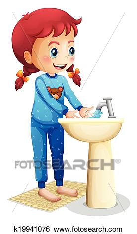 A cute little girl washing her face Clip Art.