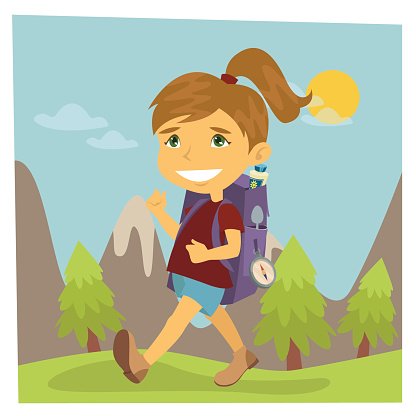 Girl Scout. Girl in Hike. Girl with Backpack. Vector.