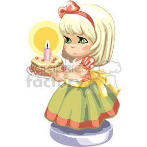 Blonde haired little girl in a party dress holding a birthday cake clipart.  Royalty.
